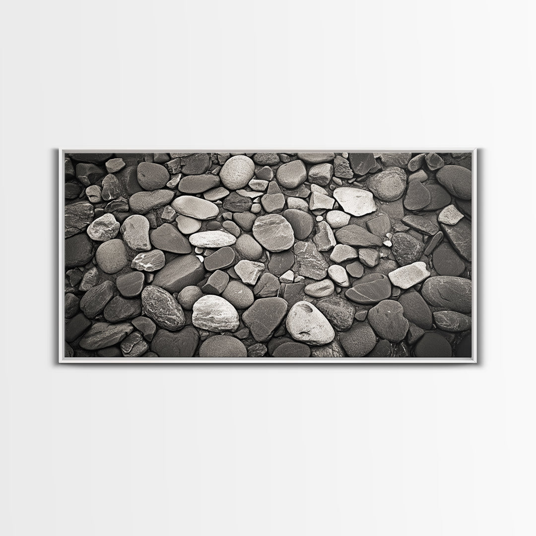 River Stones, Zen Rock Pattern, Natural Earth Tones, Minimal Decor, Framed Canvas Print, Modern Bathroom Spa Wall Art, Living Room Wall Art