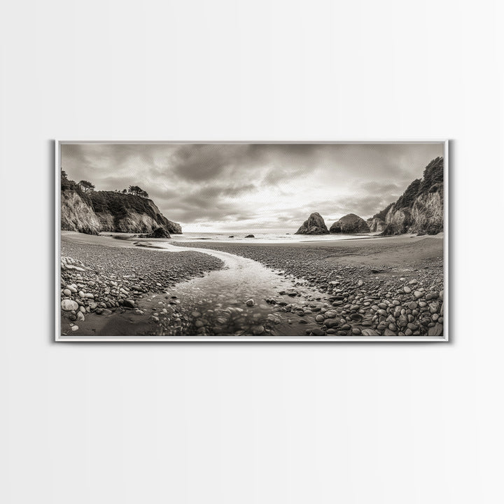 Coastal Pebble Beach, Pacific Shoreline, Serene Nature Landscape, Framed Canvas Print, Neutral Bedroom or Fall Living Room Wall Art