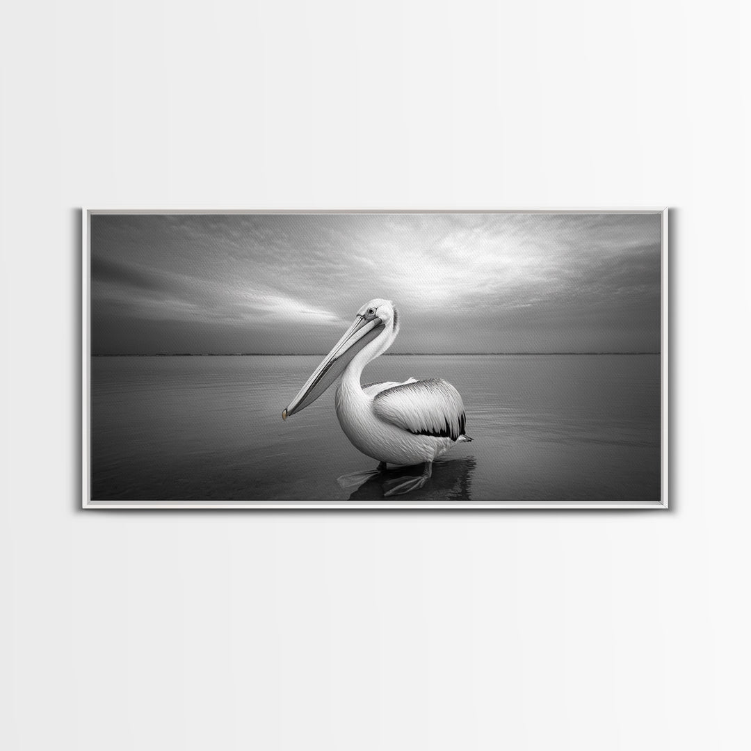 Ocean Pelican, Peaceful Bird Portrait, Coastal Wildlife Art, Framed Canvas Print, Minimalist Entryway or Beach House Wall Art