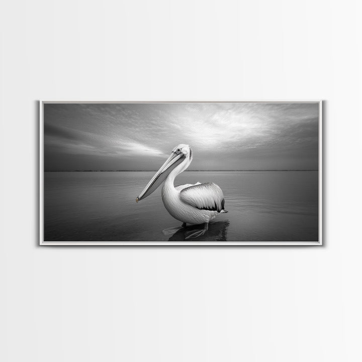 Ocean Pelican, Peaceful Bird Portrait, Coastal Wildlife Art, Framed Canvas Print, Minimalist Entryway or Beach House Wall Art