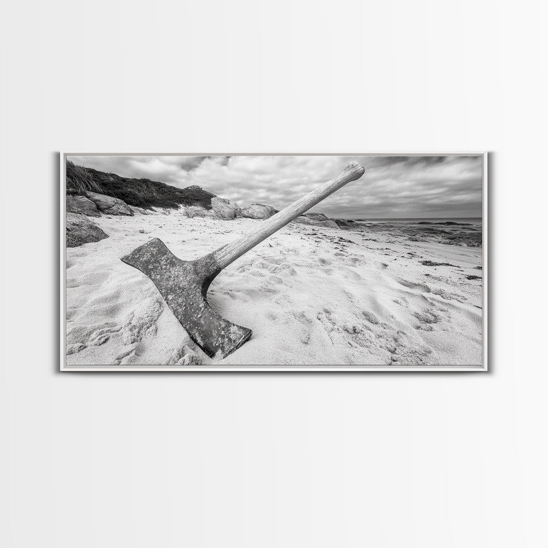 Axe in Sand, Abandoned Tool Scene, Rustic Coastal Mood, Framed Canvas Print, Cabin Wall Art or Moody Fall Living Room Decor, Bathroom Wall Art