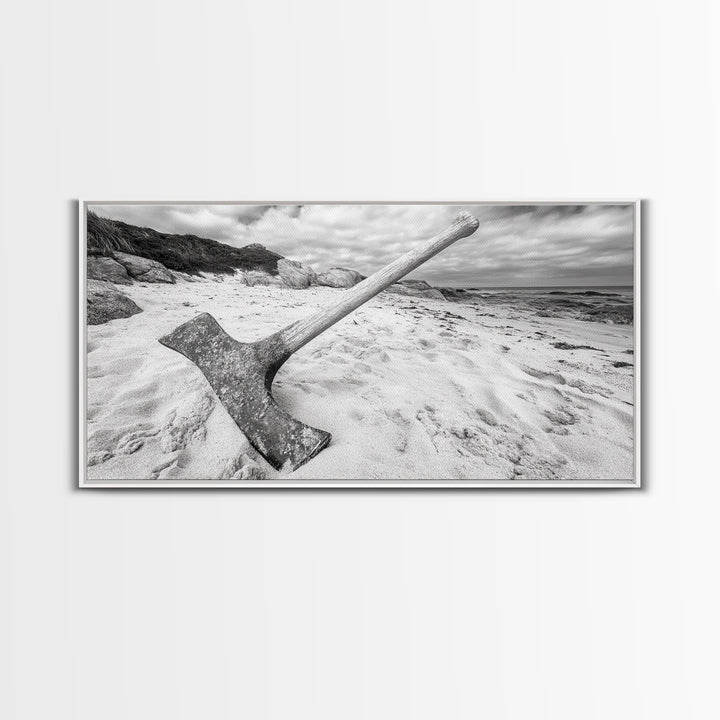Axe in Sand, Abandoned Tool Scene, Rustic Coastal Mood, Framed Canvas Print, Cabin Wall Art or Moody Fall Living Room Decor, Bathroom Wall Art