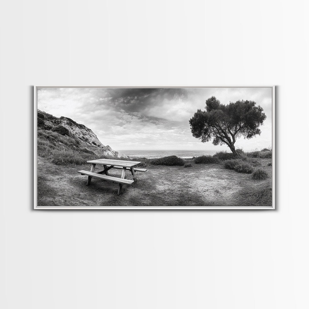 Picnic Table View, Coastal Meadow Scene, Tree and Cliff Horizon, Framed Canvas Print, Relaxing Kitchen or Outdoor Patio Wall Art
