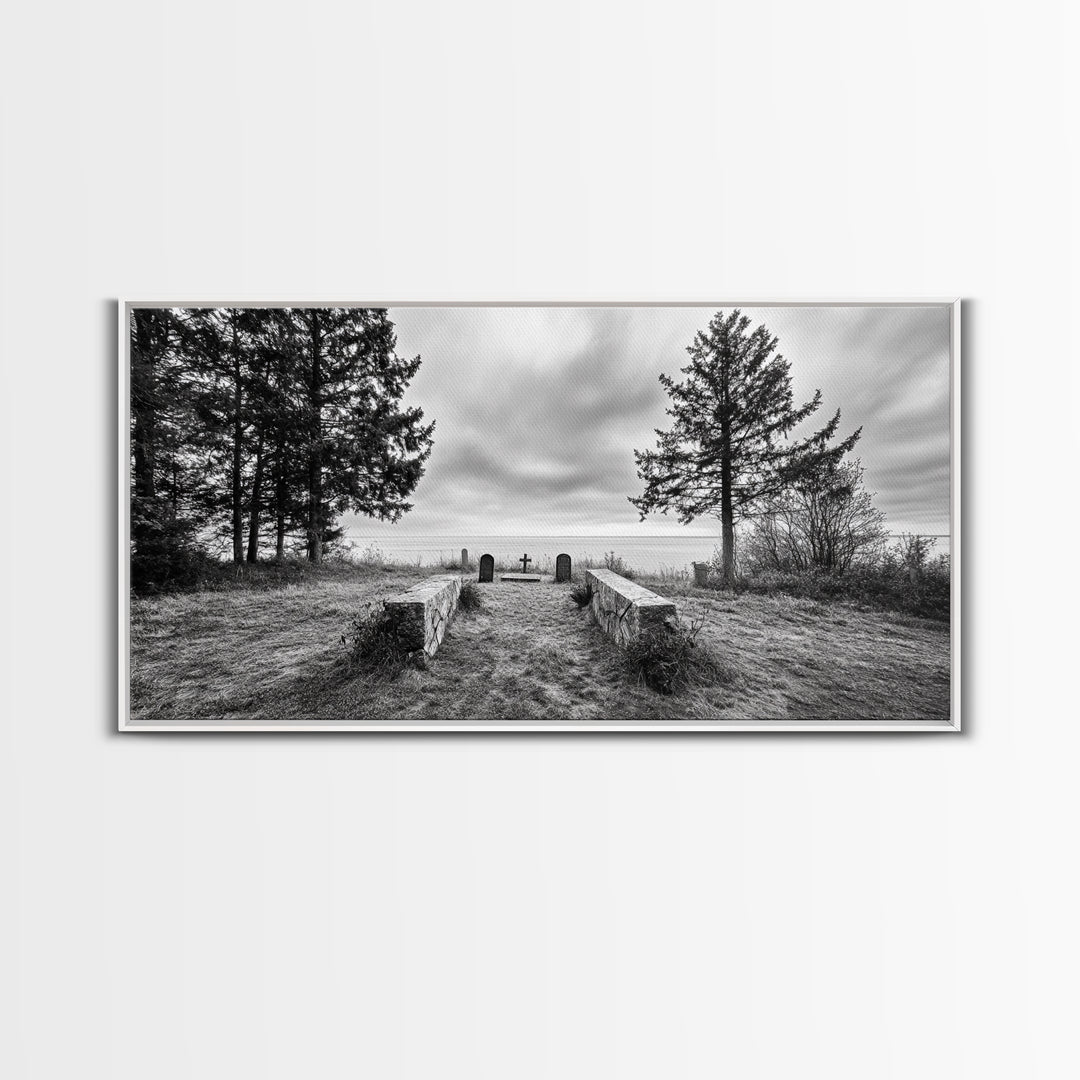 Coastal Graveyard, Moody Seascape, Quiet Reflection Scene, Framed Canvas Print, Gothic Office or Haunted Fall Wall Art Decor, Hallway Wall Art