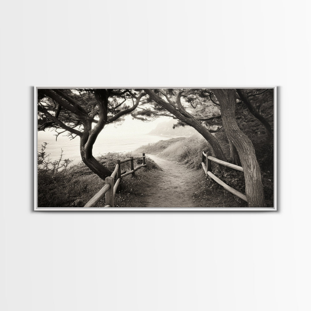 Ocean Cliff Path, Framed Trail Trees, Coastal Escape Scene, Framed Canvas Print, Boho Bedroom or Peaceful Hallway Wall Art, Entryway Accent