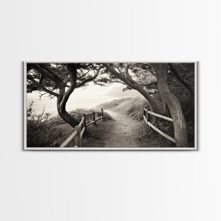 Ocean Cliff Path, Framed Trail Trees, Coastal Escape Scene, Framed Canvas Print, Boho Bedroom or Peaceful Hallway Wall Art, Entryway Accent