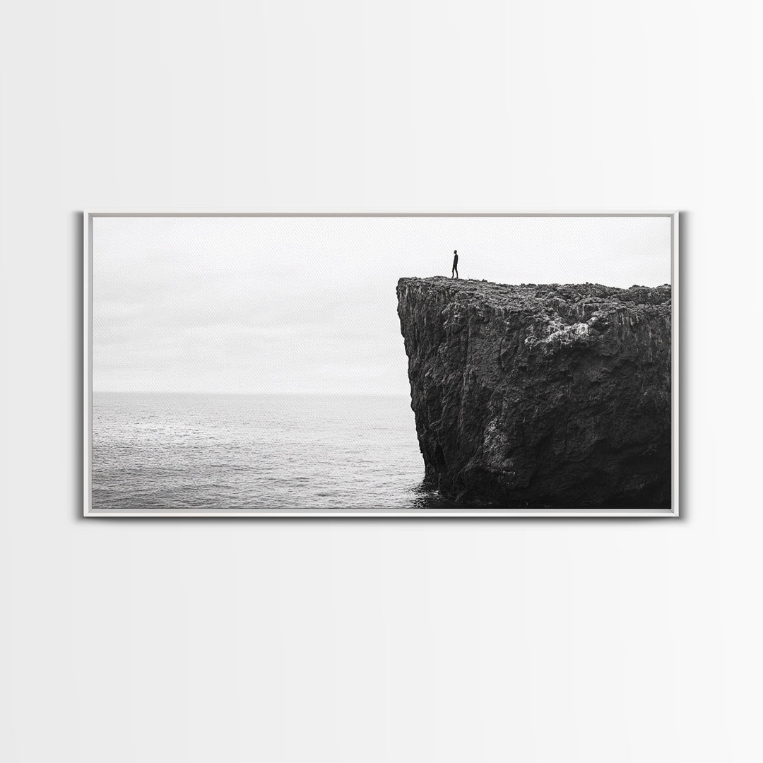 Ocean Cliff, Brave Explorer, Minimal Landscape, Adventure Wall Art, Framed Canvas Print, Modern Home Decor, Inspirational Office Art