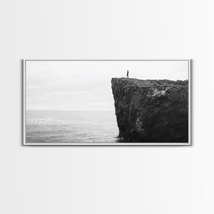 Ocean Cliff, Brave Explorer, Minimal Landscape, Adventure Wall Art, Framed Canvas Print, Modern Home Decor, Inspirational Office Art