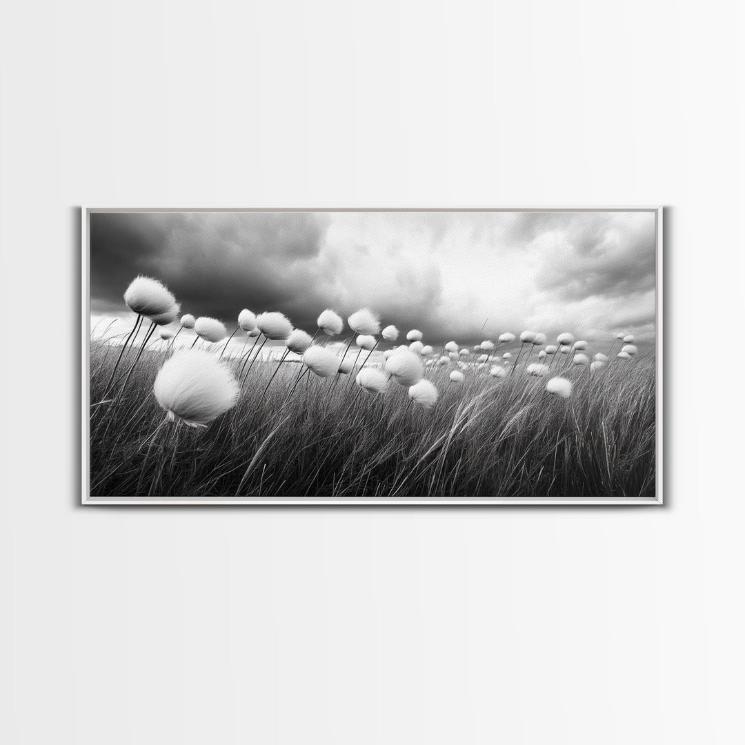 Cotton Grass Field, Stormy Sky Art, Botanical Monochrome, Minimalist Nature Print, Framed Canvas Print, Bedroom Wall Art, Nordic Style