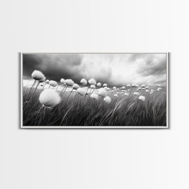 Cotton Grass Field, Stormy Sky Art, Botanical Monochrome, Minimalist Nature Print, Framed Canvas Print, Bedroom Wall Art, Nordic Style