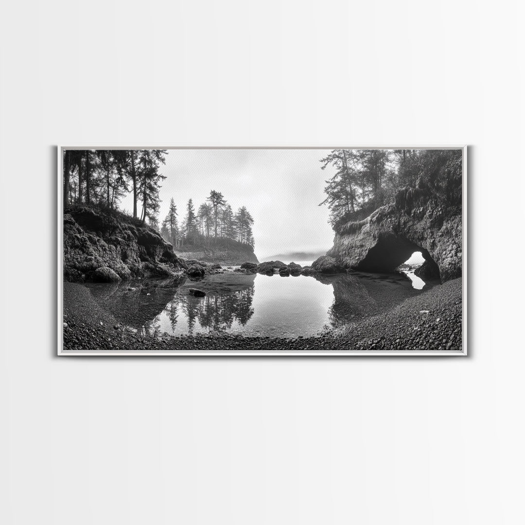 Coastal Cave Reflections, Misty Tidepool Scene, Moody Nature Landscape, Canvas Print, Living Room Wall Art, Black And White Art