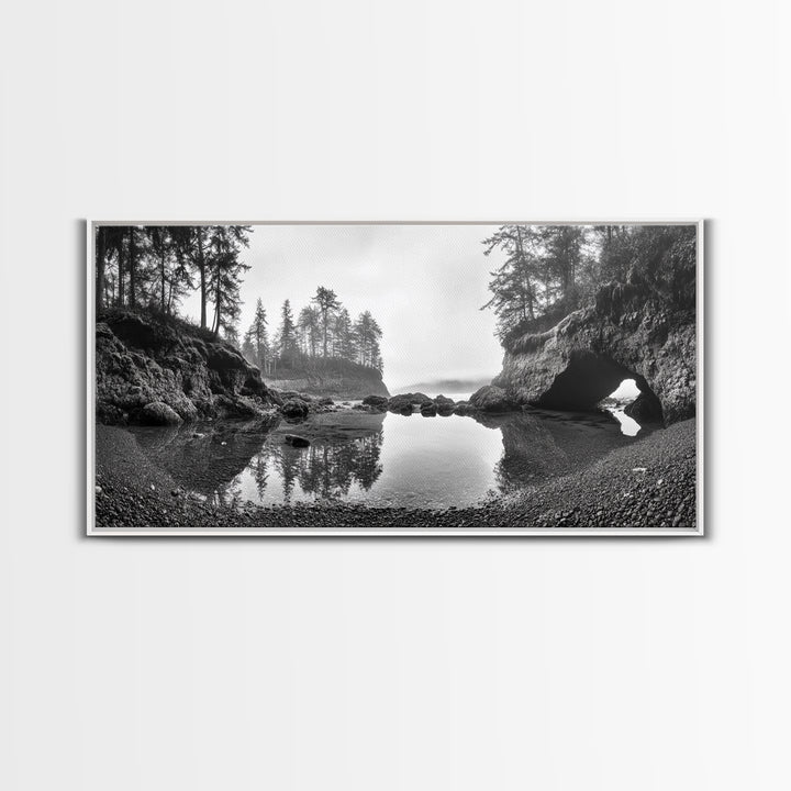 Coastal Cave Reflections, Misty Tidepool Scene, Moody Nature Landscape, Canvas Print, Living Room Wall Art, Black And White Art