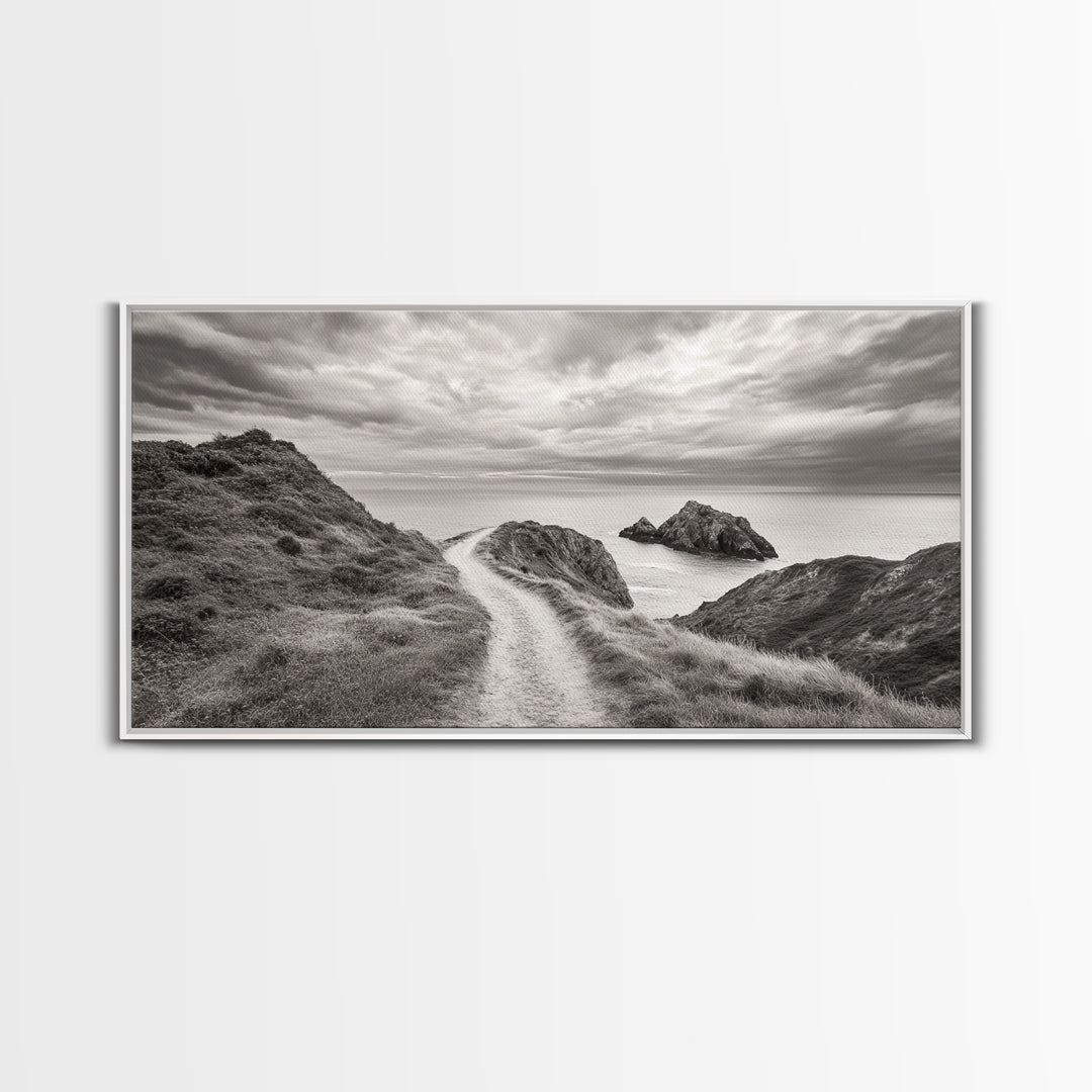 Coastal Cliff Path, Ocean View Trail, Windswept Grass Art, Seaside Wall Decor, Framed Canvas Print, Bedroom Art, Nature Lover Gift