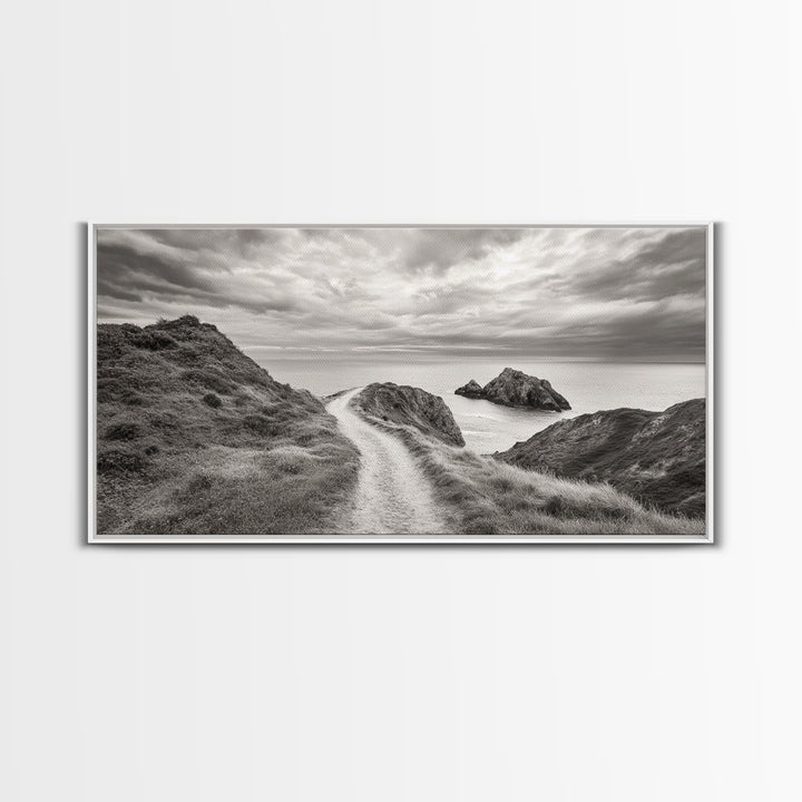 Coastal Cliff Path, Ocean View Trail, Windswept Grass Art, Seaside Wall Decor, Framed Canvas Print, Bedroom Art, Nature Lover Gift