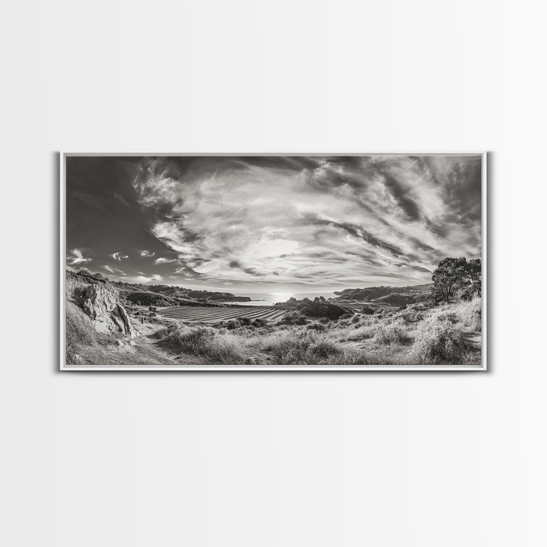 Coastal Hillside Sunset, Vineyard Ocean View, Rolling Landscape Art, Framed Canvas Print, Kitchen Wall Art, California Scenery