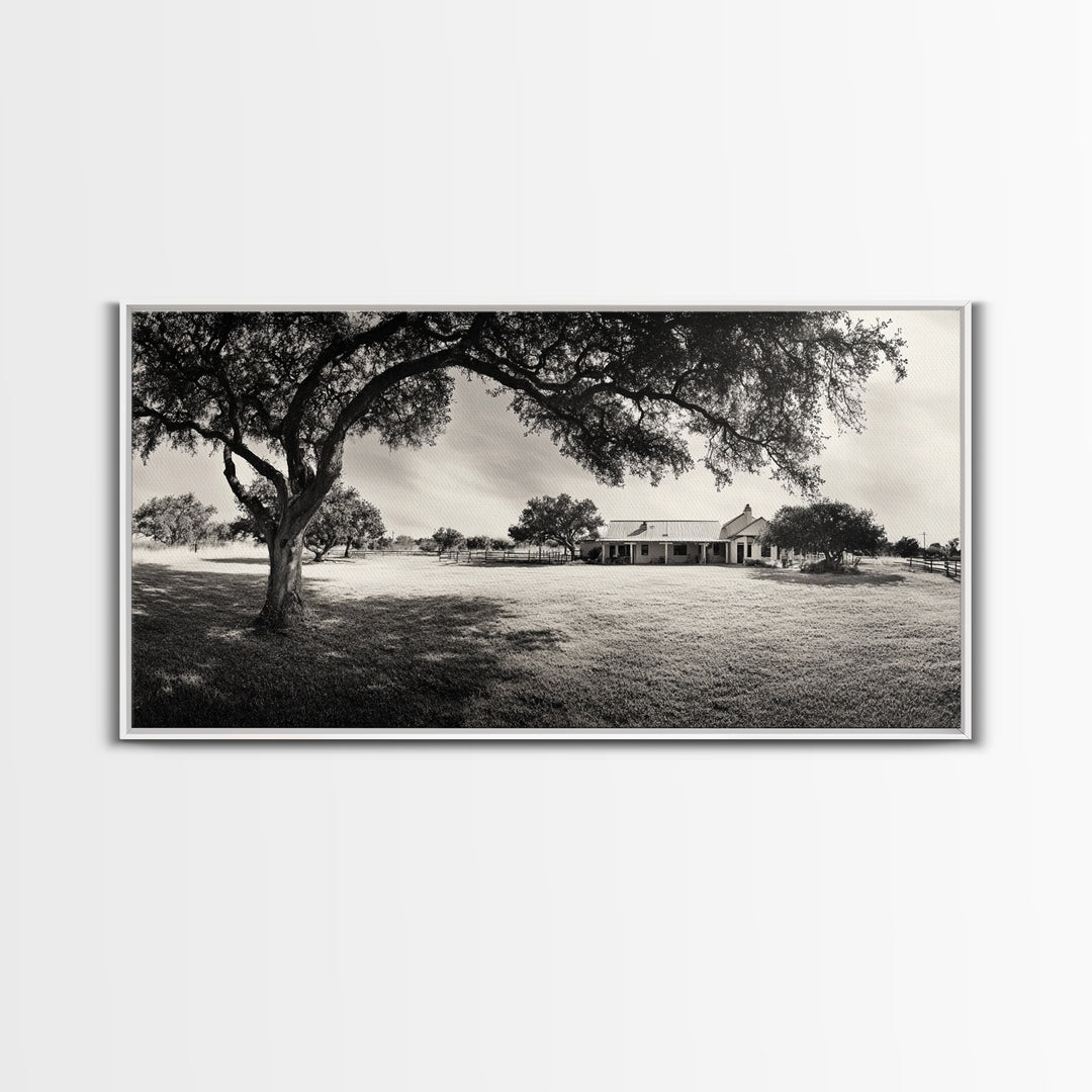 Country Farmhouse Shade, Texas Ranch Home, Oak Tree Horizon, Framed Canvas Print, Rustic Decor, Entryway or Dining Room Art