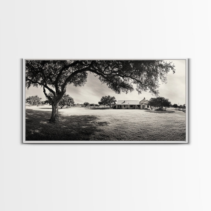 Country Farmhouse Shade, Texas Ranch Home, Oak Tree Horizon, Framed Canvas Print, Rustic Decor, Entryway or Dining Room Art