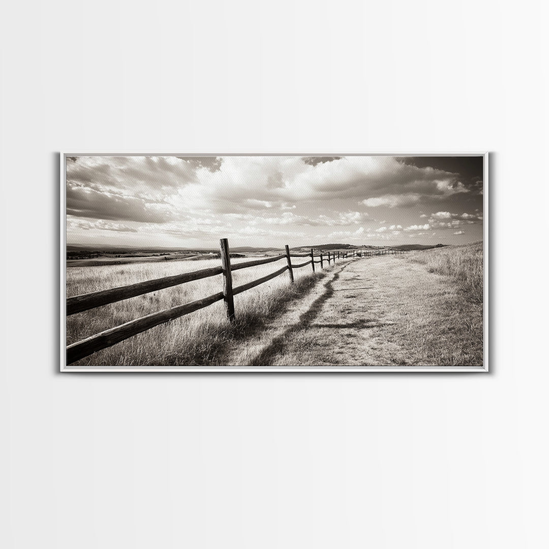 Countryside Fence Trail, Rolling Hills Walk, Prairie Path View, Framed Canvas Print, Western Art, Fall Wall Decor, Office Wall Art