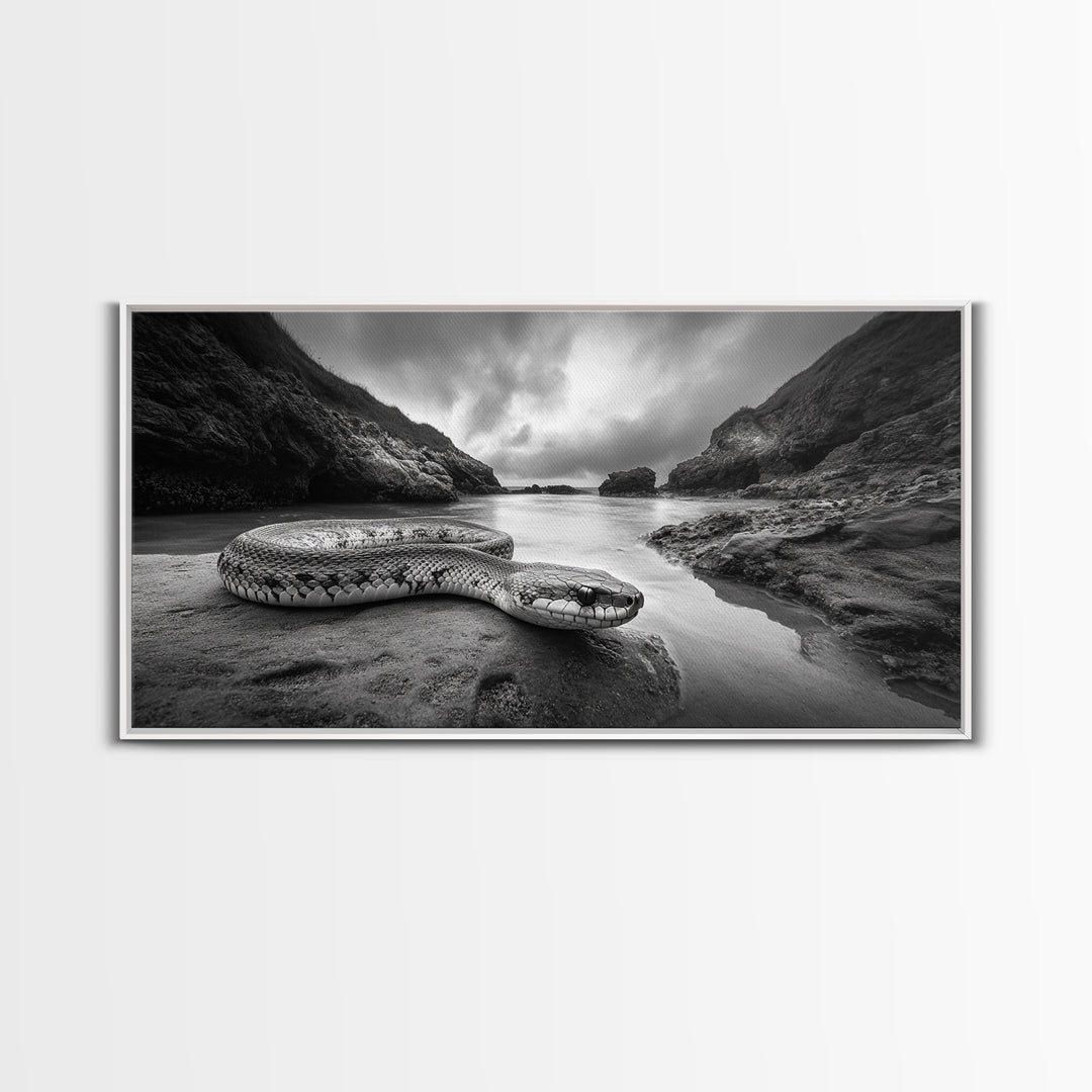 Ocean Snake Landscape, Coastal Creature Scene, Black and White Reptile, Framed Canvas Print, Moody Art, Bedroom or Den Decor