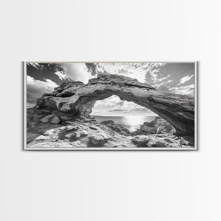 Natural Rock Arch, Seaside Cliff View, Desert Coastal Window, Framed Canvas Print, Boho Earth Tones, Living Room Wall Decor