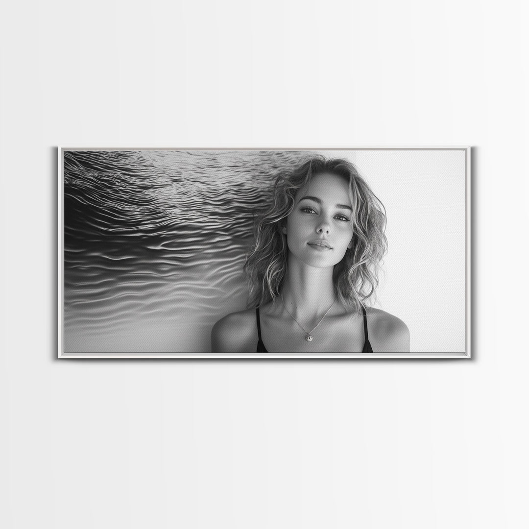 Ocean Texture, Abstract Waves, Modern Female, Artistic Portrait, Canvas Print, fashion wall art, glam room decor, minimal black white