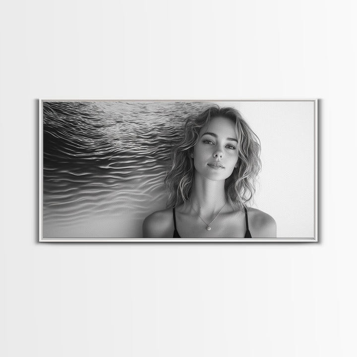 Ocean Texture, Abstract Waves, Modern Female, Artistic Portrait, Canvas Print, fashion wall art, glam room decor, minimal black white