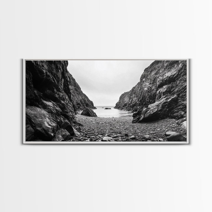 Rocky Cove, Ocean Gap, Cliffside Path, Secluded Coast, Framed Canvas Print, adventure wall art, man cave, grayscale wilderness print