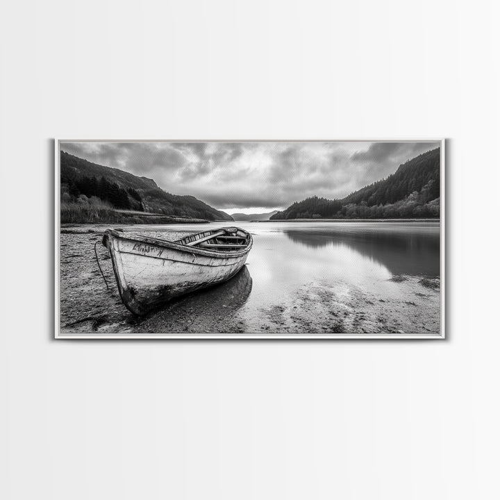 Abandoned Boat, Mountain Lake, Moody Shore, Nature Reflections, Framed Canvas Print, cabin wall art, explorer decor, grayscale nature