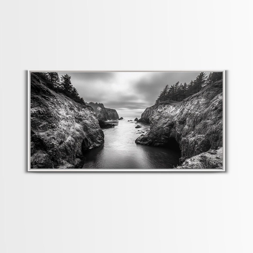 Ocean Passage, Cliff Channel, Rugged Coast, Forest Horizon, Canvas Print, dramatic nature art, large wall piece, hallway landscape art