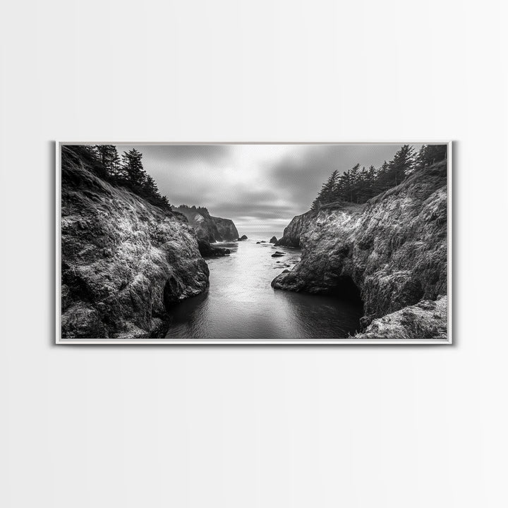 Ocean Passage, Cliff Channel, Rugged Coast, Forest Horizon, Canvas Print, dramatic nature art, large wall piece, hallway landscape art