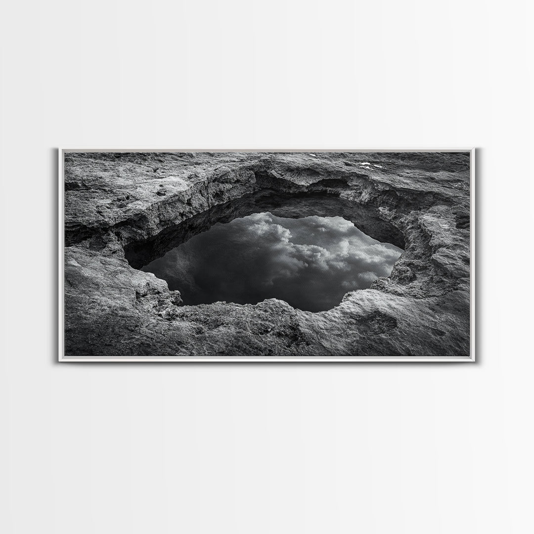 Sky Reflection, Stone Pool, Abstract Nature, Moody Minimalist Art, Framed Canvas Print, Bedroom Wall Art, Contemporary Monochrome Decor