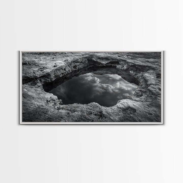 Sky Reflection, Stone Pool, Abstract Nature, Moody Minimalist Art, Framed Canvas Print, Bedroom Wall Art, Contemporary Monochrome Decor