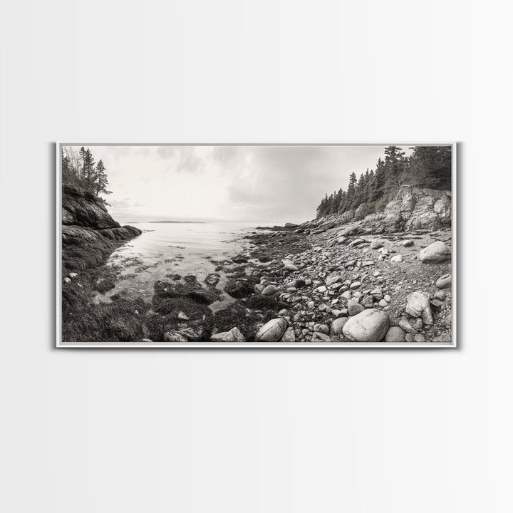 Rocky Coast, Forest Edge, Tranquil Shoreline, Earthy Landscape Scene, Canvas Print, Neutral Home Decor, Rustic Cabin Wall Art