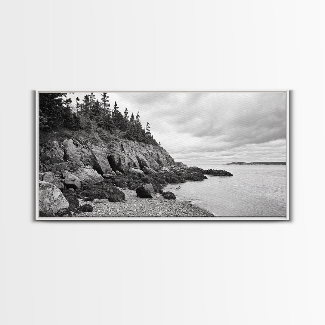 Rocky Shore, Coastal Forest, Black White Landscape, Nature Wall Decor, Framed Canvas Print, Cabin Living Room Art, Fall Inspired Scene