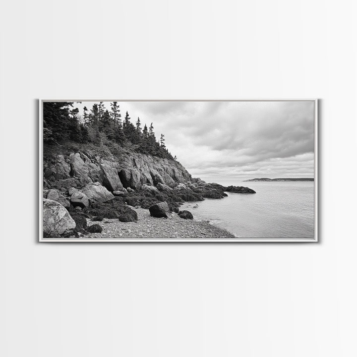 Rocky Shore, Coastal Forest, Black White Landscape, Nature Wall Decor, Framed Canvas Print, Cabin Living Room Art, Fall Inspired Scene