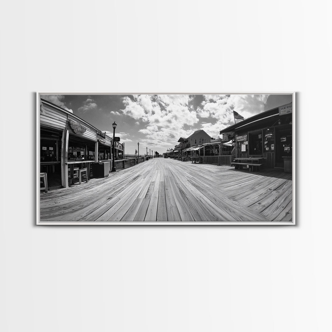 Boardwalk View, Beach Shops, Summer Scene, Coastal Town, Framed Canvas Print, Nautical Wall Art, Dining Room Coastal Decor