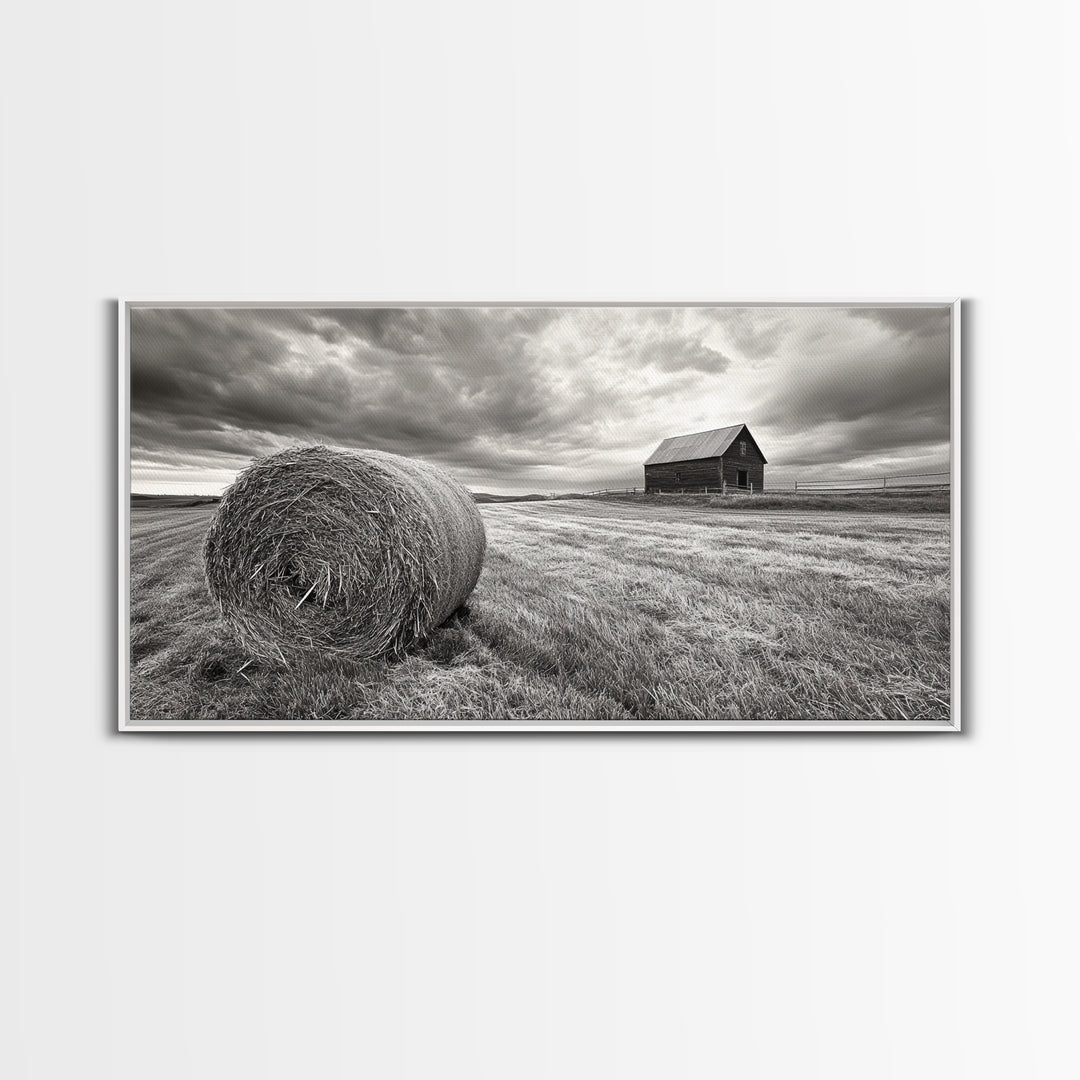 Barn Field, Hay Bale, Rural Farmland Scene, Autumn Countryside Art, Canvas Print, Farmhouse Wall Decor, Rustic Fall Living Room Art