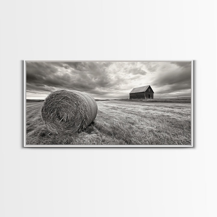 Barn Field, Hay Bale, Rural Farmland Scene, Autumn Countryside Art, Canvas Print, Farmhouse Wall Decor, Rustic Fall Living Room Art