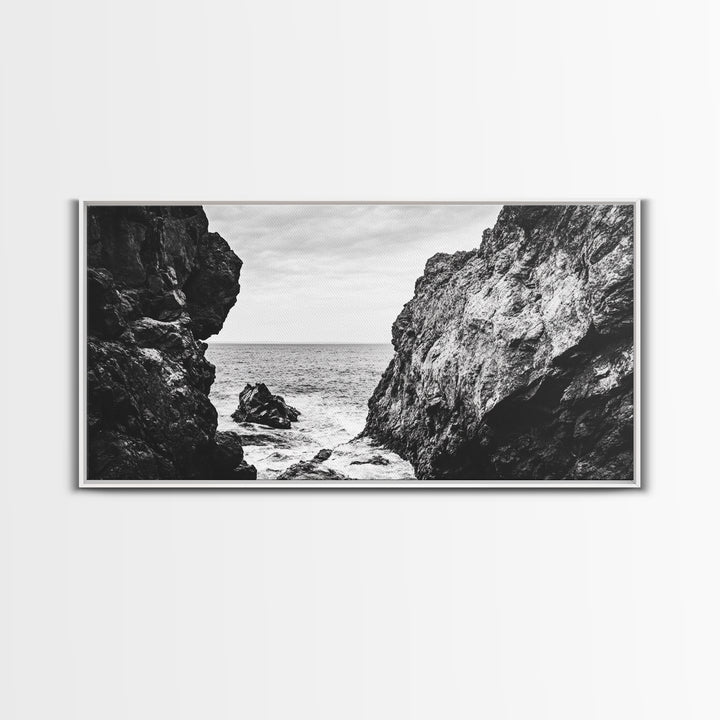 Rocky Coast View, Ocean Cliffs Art, Coastal Wilderness, Monochrome Seascape, Canvas Print, Bathroom Wall Art, Rustic Minimalist Style