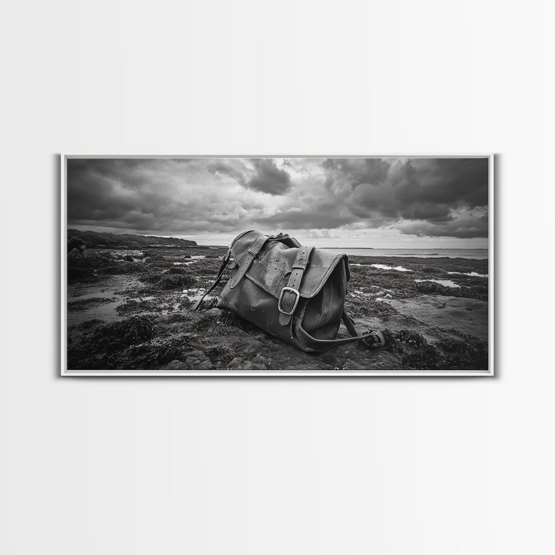 Abandoned Satchel, Coastal Mystery Art, Lost and Found Decor, Moody Beach Scene, Canvas Print, Study Wall Art, Nautical Rustic Aesthetic