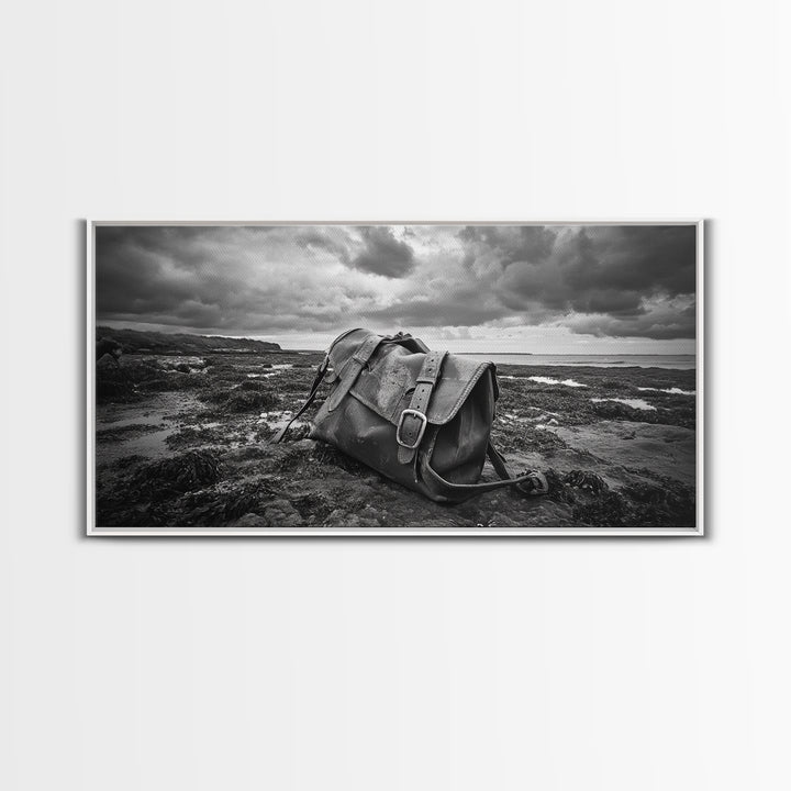 Abandoned Satchel, Coastal Mystery Art, Lost and Found Decor, Moody Beach Scene, Canvas Print, Study Wall Art, Nautical Rustic Aesthetic
