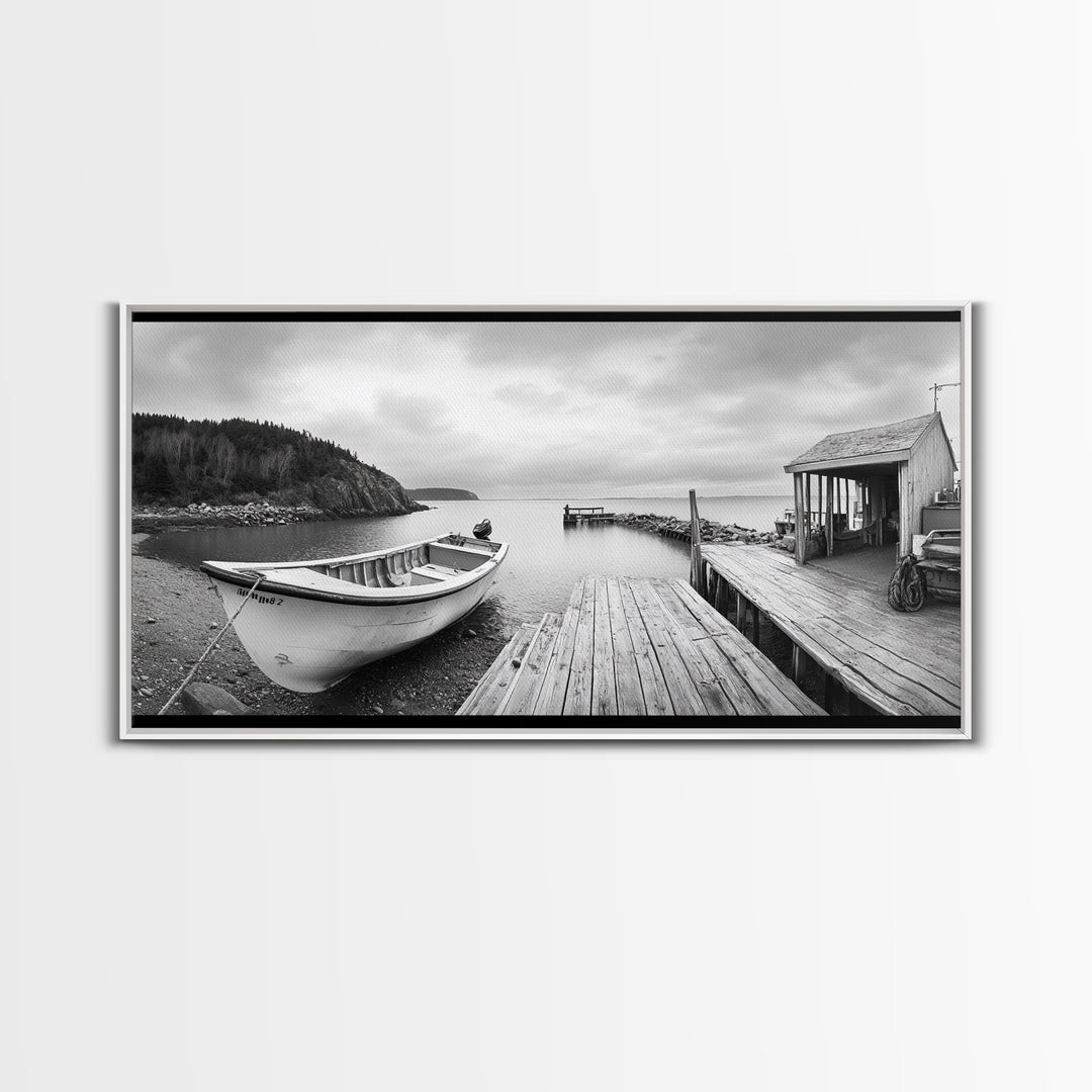 Rowboat Dock, Harbor Scene, Calm Waters, Quiet Morning, Framed Canvas Print, Lakeside Cabin Wall Art, Rustic Nautical Decor, Cabin Decor