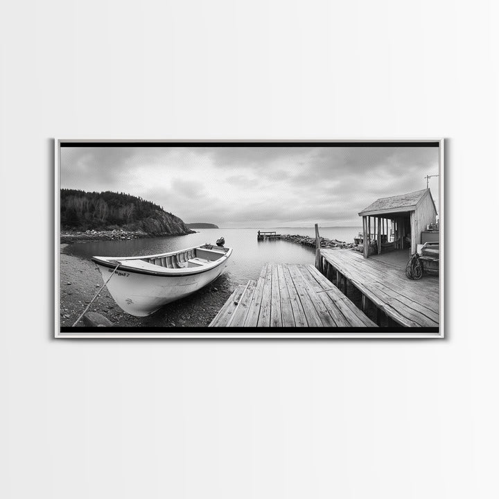 Rowboat Dock, Harbor Scene, Calm Waters, Quiet Morning, Framed Canvas Print, Lakeside Cabin Wall Art, Rustic Nautical Decor, Cabin Decor