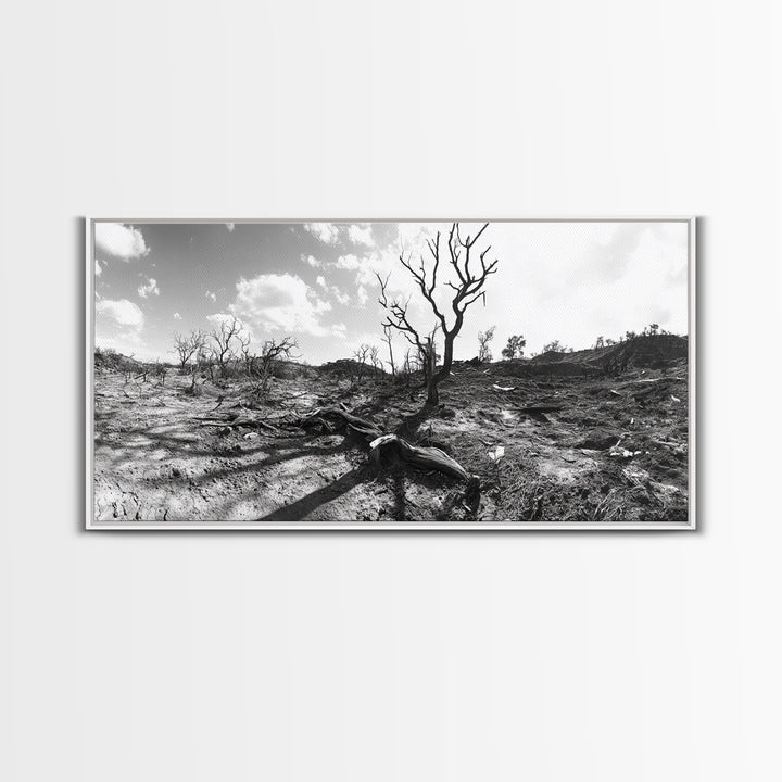 Barren Tree Landscape, Post Fire Terrain, Dystopian Forest Scene, Survival Mood, Canvas Print, Office Wall Art, Dark Nature Decor