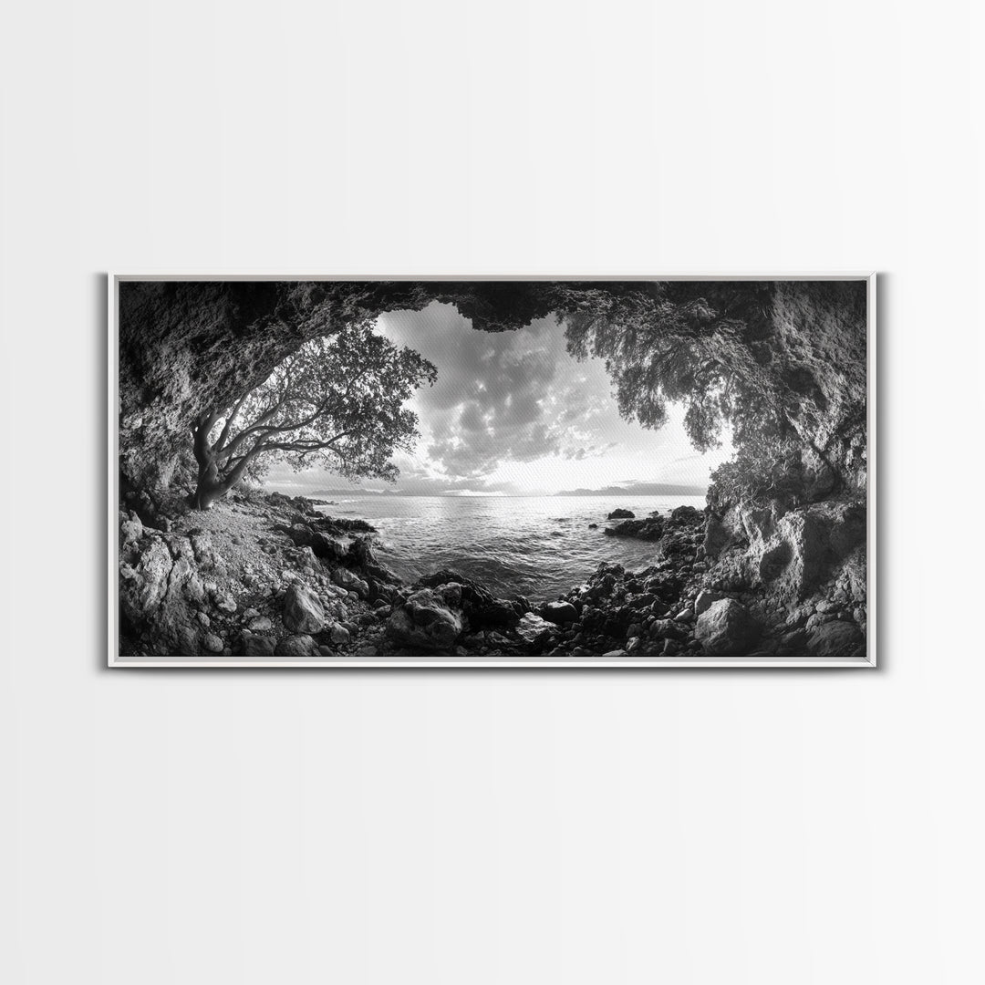 Ocean Cave View, Coastal Tree Framing, Tranquil Sea Scene, Nature Window Art, Framed Canvas Print, Bedroom Wall Art, Zen Decor