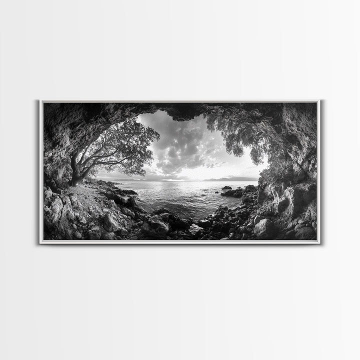 Ocean Cave View, Coastal Tree Framing, Tranquil Sea Scene, Nature Window Art, Framed Canvas Print, Bedroom Wall Art, Zen Decor