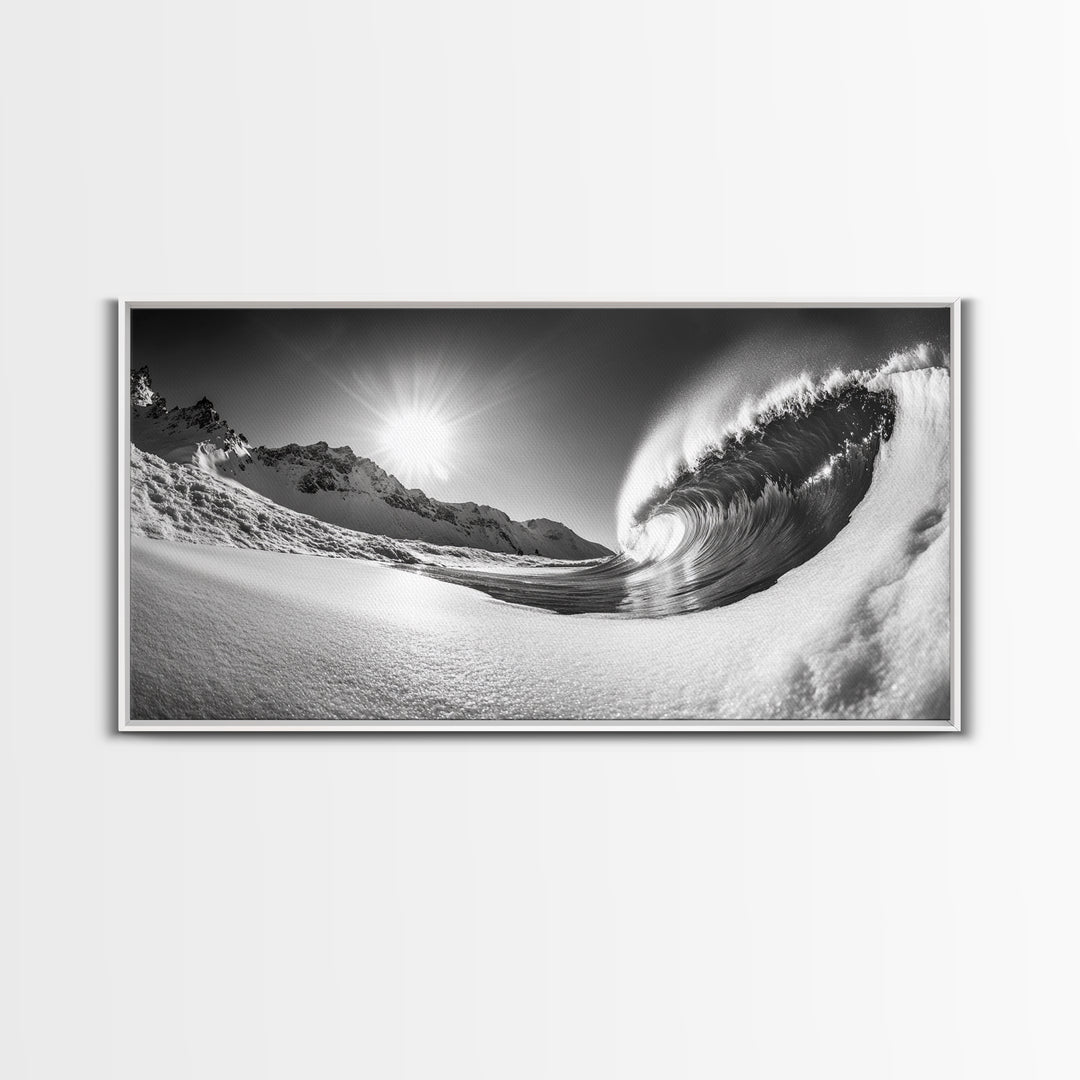 Arctic Wave Motion, Snowy Surf Curl, Mountain Sun Scene, Nature Energy Art, Canvas Print, Living Room Wall Art, Winter Adventure Decor