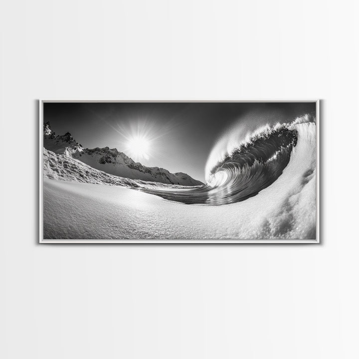 Arctic Wave Motion, Snowy Surf Curl, Mountain Sun Scene, Nature Energy Art, Canvas Print, Living Room Wall Art, Winter Adventure Decor