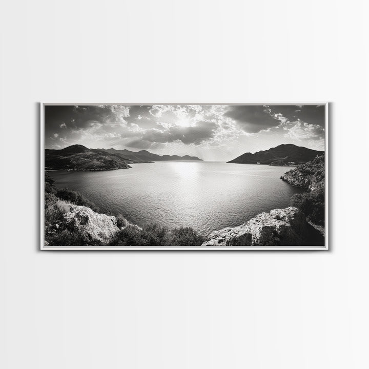 Ocean Sunset View, Mountain Coast Landscape, Black and White Art, Canvas Print, Minimalist Decor, Living Room Wall Art, Tranquil Home Style