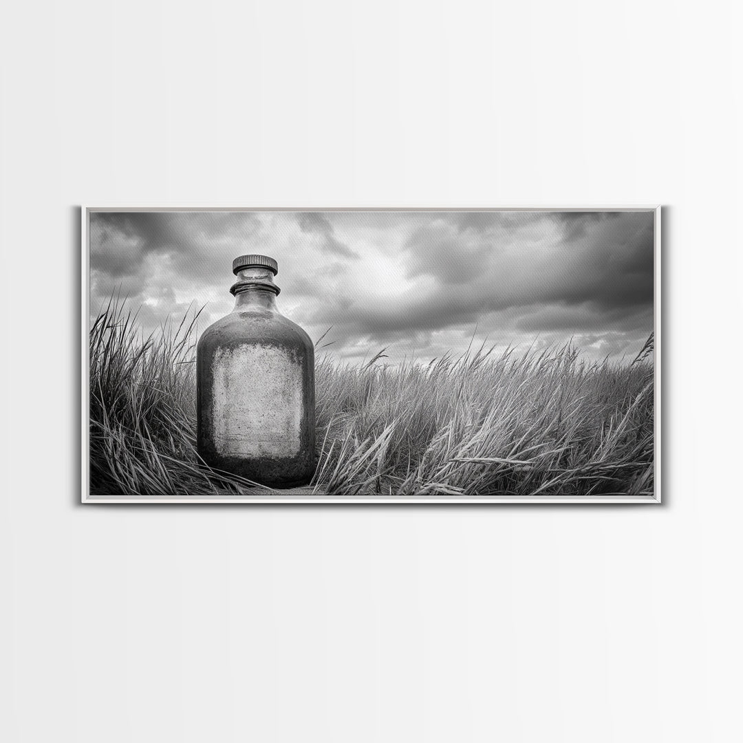 Antique Bottle Field, Rustic Outdoor Scene, Black and White Photography, Framed Canvas Print, Farmhouse Wall Art, Entryway Decor